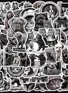 50张黑白艺术版画动物贴纸笔记本电脑手账本手机壳装饰防水贴画