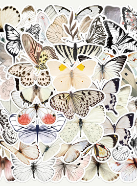 50张复古白色系蝴蝶贴纸行李箱笔记本电脑手账手机壳装饰diy贴画