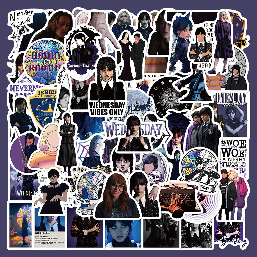 70张新款美剧星期三贴纸笔记本电脑手账本手机壳冰箱行李箱贴画