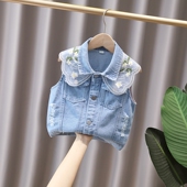 女童牛仔马甲春秋新款 马夹百搭 儿童坎肩背心外穿刺绣女孩女宝秋季