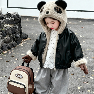儿童连帽皮毛一体夹克男女童加厚保暖外套熊猫帽拉链皮衣中大童装