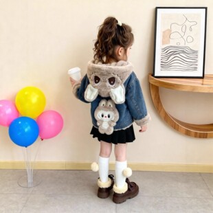 女童拉布布连帽牛仔外套加绒加厚保暖秋冬卡通2025大中小童装上衣