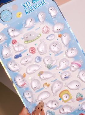 Nekoni 3D立体水晶浮雕趣味贴纸企鹅蓝熊小海豹的日常系列DIY手机壳手工装饰贴纸DIY奖励贴贴画卡通儿童手账