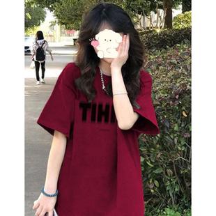 短袖 美式 夏季 复古酒红色t恤女2024新款 小众高街潮牌纯棉上衣 爆款