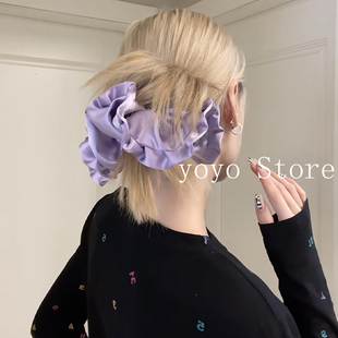 芭蕾风褶皱花边紫色缎面大肠发圈女韩系高级感发绳扎丸子头绳发饰