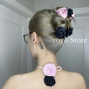 氛围感玫瑰花朵抓夹女2024新款 高级感后脑勺盘发鲨鱼夹高马尾发饰