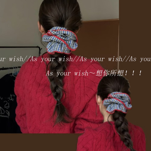 复古红边蓝棕格纹发绳新款韩系
