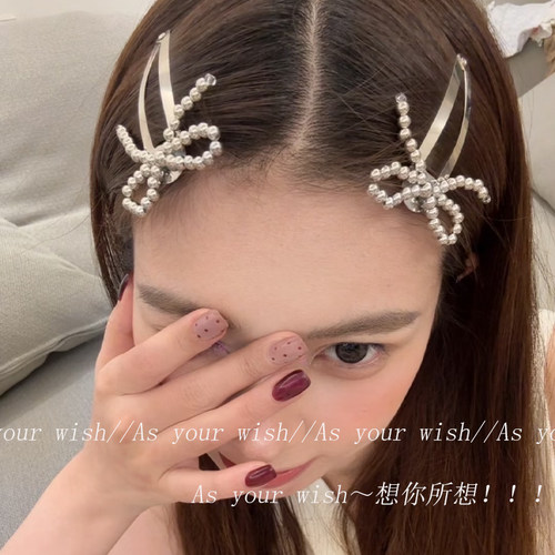 甜酷少女银色珠珠蝴蝶结发夹