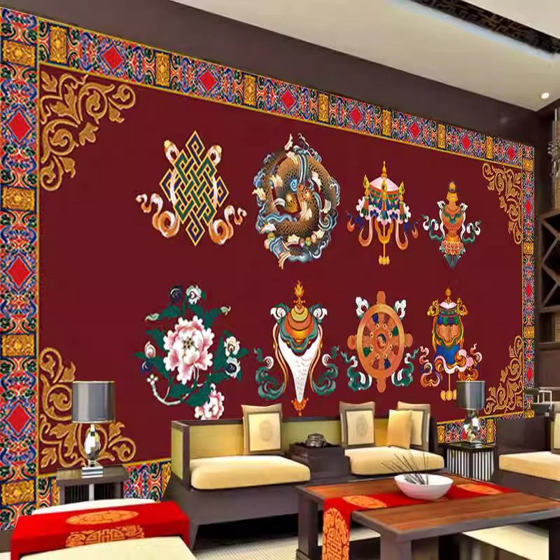 吉祥八宝图藏式壁纸背景墙电视墙壁画藏族特色壁画沙发墙纸装饰画