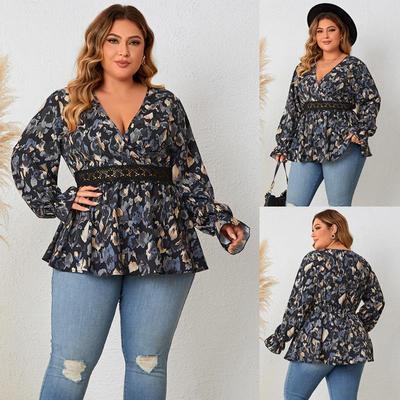 New Spring Plus Size Women V-neck Floral Print Elegant Top