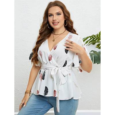 夏季V领收腰显瘦上衣女 plus size summer Deep V women shirts