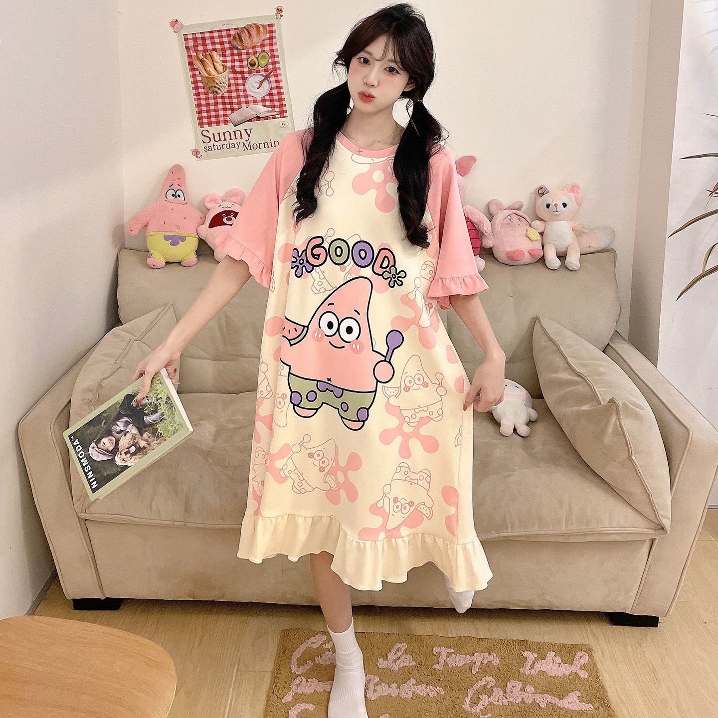 睡裙纯棉夏季可爱短袖女士女款睡衣薄款加大长款卡通宽松家居服