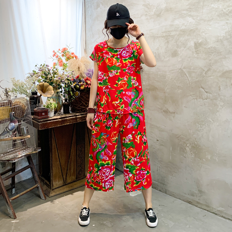 夏季薄款棉绸睡衣套装东北大花民族风演出服女式短袖T恤家居服装