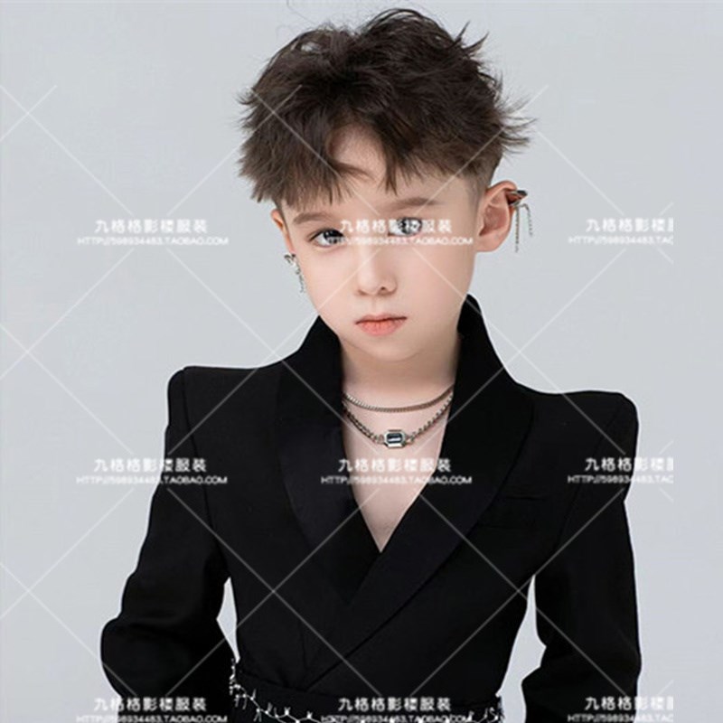 新选男童黑色西装套装儿童演出服少儿模特大赛T台走秀.潮服西服单