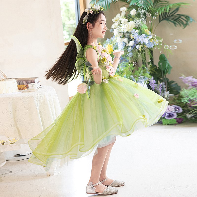 新选绿色森系儿童j礼服公主裙女童钢琴演出服洋气前短后长款花童