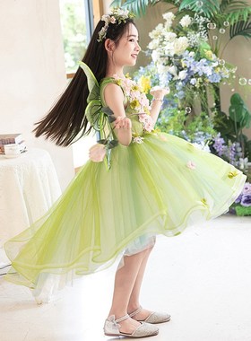 新选绿色森系儿童j礼服公主裙女童钢琴演出服洋气前短后长款花童
