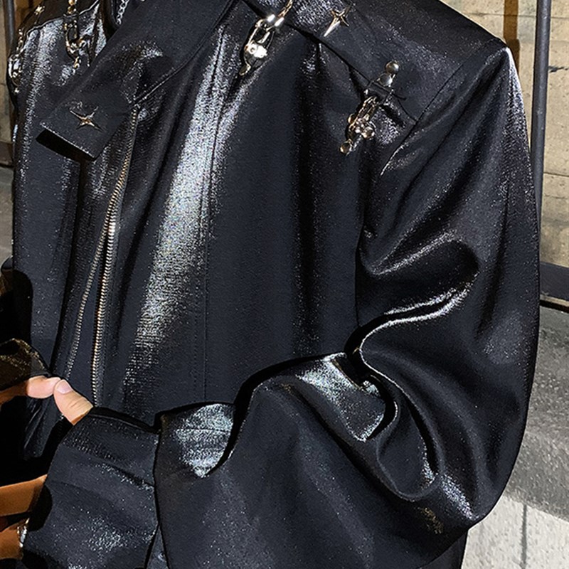 新选春秋男士亮面休闲西装外套L立领暗黑小众飞机扣垫肩外