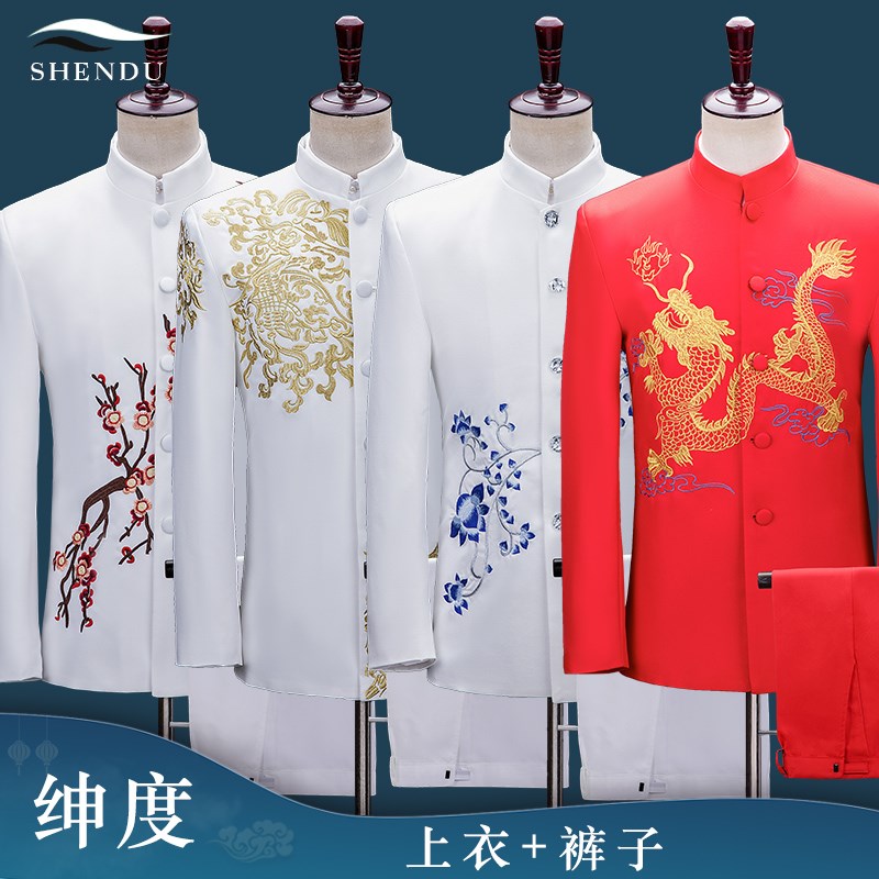 新选刺绣立领中山装演出服男士套装学生表演N合唱团歌手主持人礼