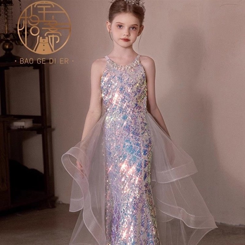 新选儿童晚礼服主持人亮片生日女童鱼尾公主裙模特V走秀钢琴演奏