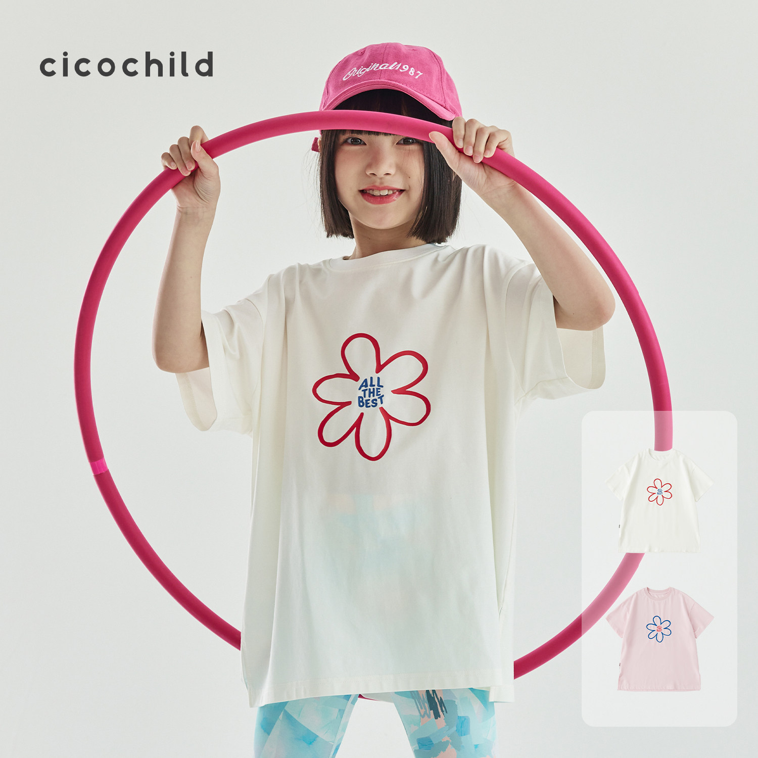 【清仓一口价】cicochild夏季花朵印花T恤女童凉感宽松五分袖上衣