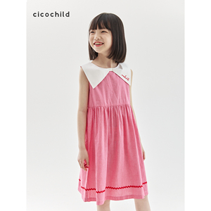 cicochild夏女童甜美蝴蝶结公主裙字母刺绣无袖小格子连衣裙