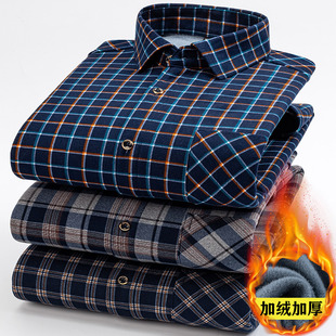 衬衣条纹爸爸装 男士 格子加绒加厚内衣中青年长袖 保暖衬衫 上衣 冬季