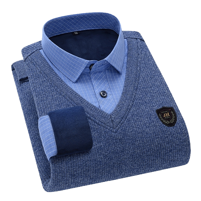 保暖针织衫假两件男加绒加厚内衣