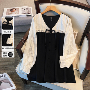 巨显瘦遮肉300斤洋气雪纺拼接T恤上衣 胖mm春秋装 2099特大码 女装