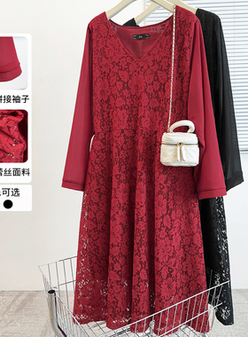 特大码女装红色蕾丝连衣裙长袖春秋装高级感显瘦300斤胖mm裙子