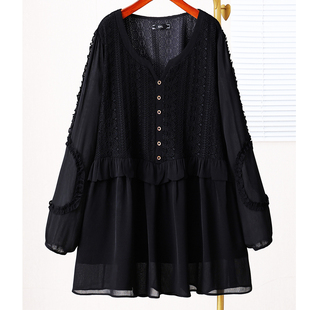 女装 女特大码 春秋V领胖mm显瘦遮肉洋气百搭上衣女 雪纺衫 300斤长袖