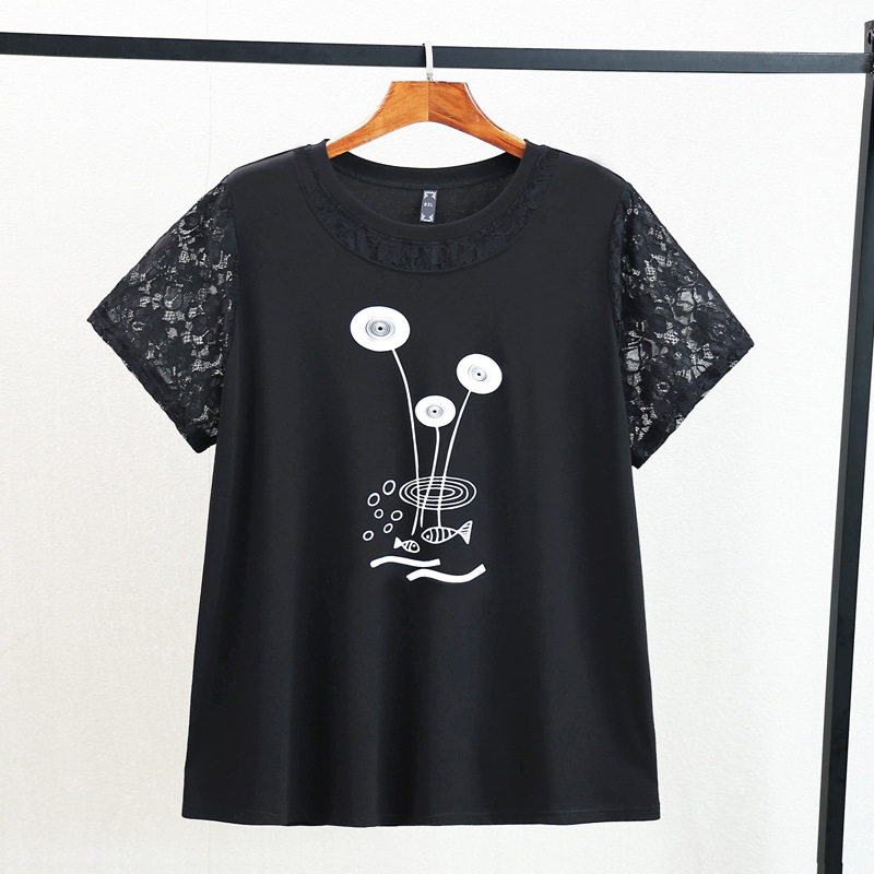 加肥特大码女装蕾丝拼接T恤衫夏季洋气减龄胖mm显瘦百搭拼接上衣,女装/女士精品,大码内搭,淘宝优惠券,粉丝福利购,淘宝优惠卷