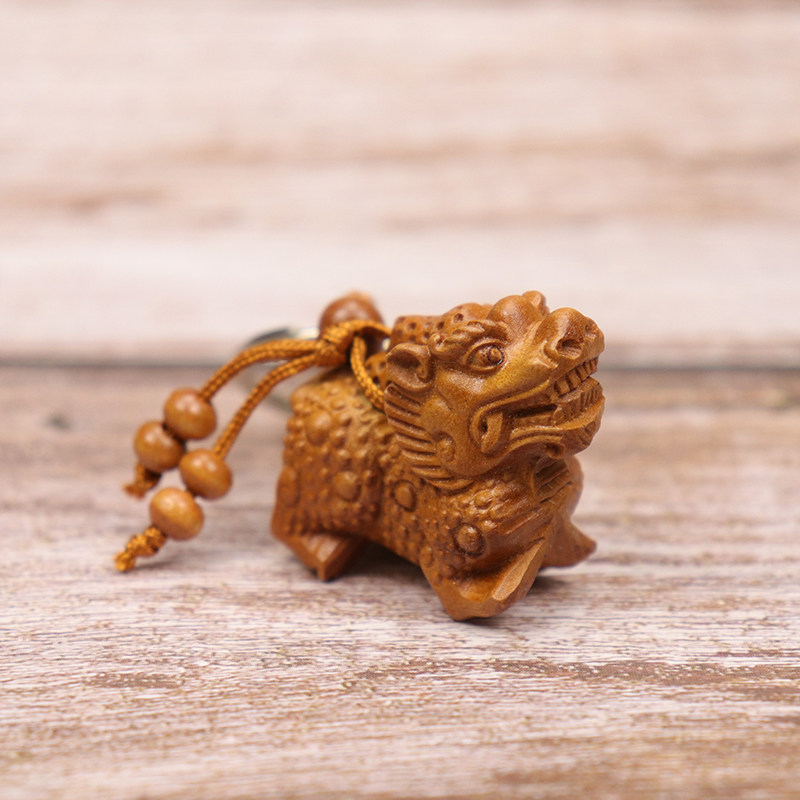 桃木麒麟钥匙扣挂饰木质龙之九子钥匙圈挂件旅游工艺品饰品吊坠