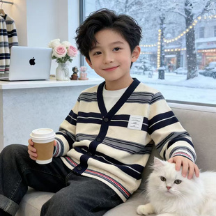 度度猫男童毛衣开衫2025秋装新款儿童卡通印花上衣休闲百搭针织衫