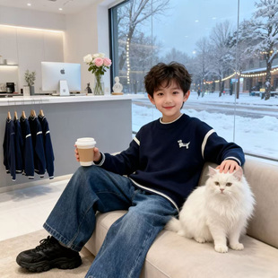 度度猫男童圆领毛衣2025秋冬装新款长袖打底上衣休闲百搭针织衫