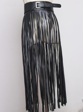 超长流苏宽腰带女士个性百搭皮裤装饰黑色皮带女时尚潮流腰封F374