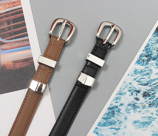头层牛皮锌合金百搭方头扣针皮带细窄黑色小腰带女