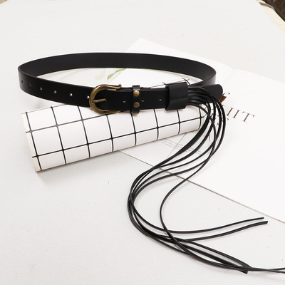 皮带女款宽编织铆钉流苏腰部装饰腰带配饰配牛仔裤波西米亚黑色