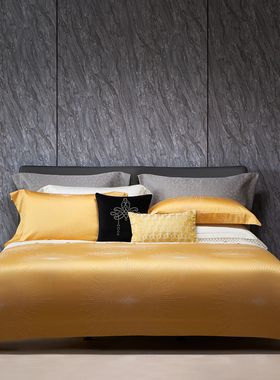 高端全棉色织提花四件套140S长绒棉床上用品床单被套黄色简约纯色