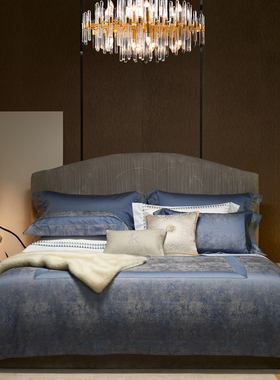 高端匹马棉140S四件套被套欧式蓝色织提花床上用品纯色床单床笠式