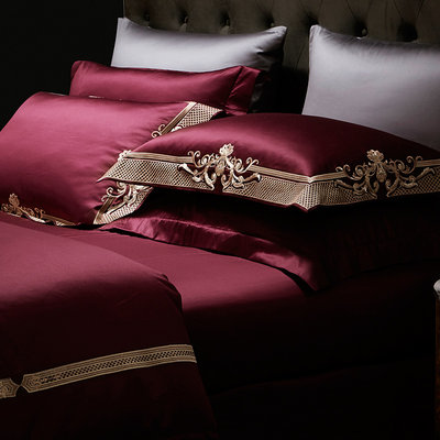 欧式婚庆酒红色高档床上四件套140支全纯棉结婚床上用品别墅被套