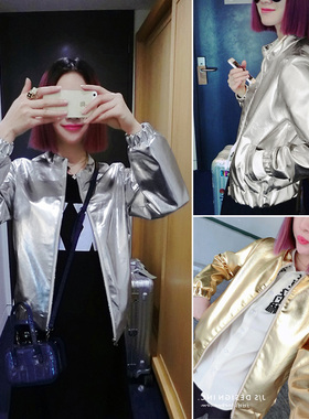 银色皮衣棒球服薄外套女春秋短款2021新款原宿bf宽松学生夹克外套