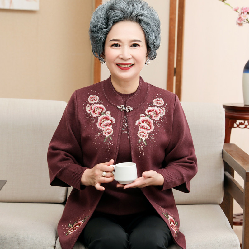 秋冬中老年人女高档刺绣两件套妈妈洋气针织绣花显瘦唐装开衫外套