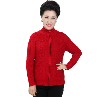 中年女士线衣中老年人针织翻领毛衣妈妈服装短款拉链翻领开衫外套
