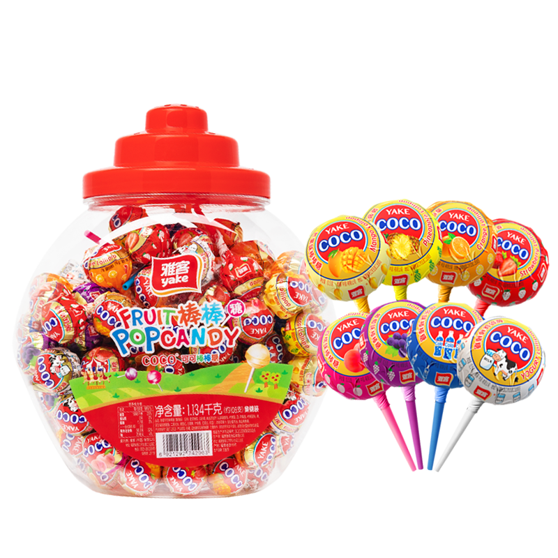 雅客白桃牛奶水果味可爱儿童棒棒糖批发散装桶装过年糖果108支