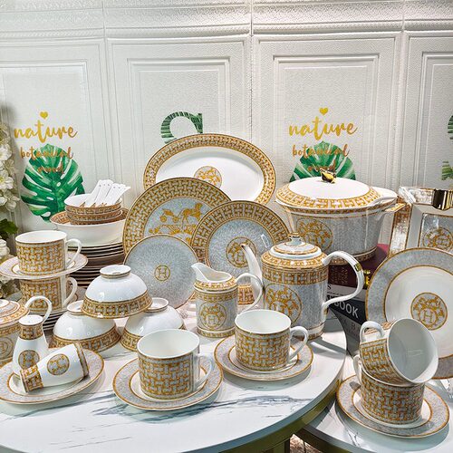 H家骨瓷金色马拉车餐具套装6人