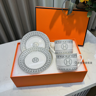 H家骨瓷下午茶咖啡杯碟套装高级感灰色马拉车餐具西餐盘摆盘礼盒