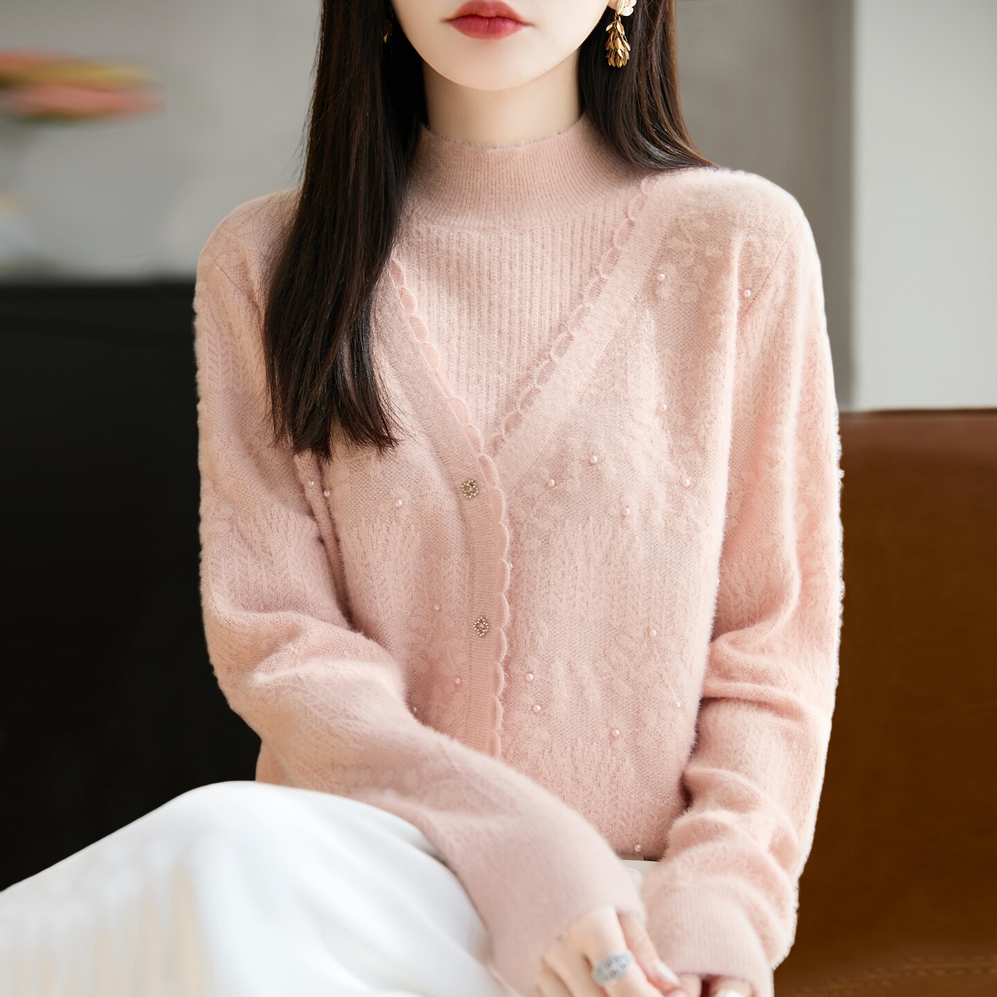 2026早春假两件半高领提花针织打底衫女胖mm显瘦大码宽松内搭上衣