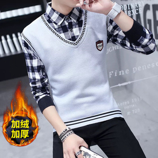 外套上衣服男装 秋冬季 毛衣男假两件加绒加厚保暖衬衣潮流线衣衬衫
