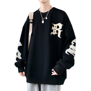 春秋款圆领卫衣男生加绒加厚潮牌痞帅青少年初中高中学生长袖t恤