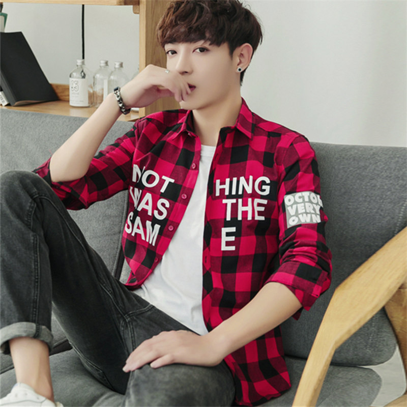格子长袖衬衫男士青少年韩版修身潮流寸衣学生春秋季衬衣服外套